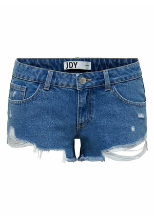 Denim shorts i lys blå, med frayed kant, slitte detaljer og en waistband-lapp merket "JDY" i størrelse liten.