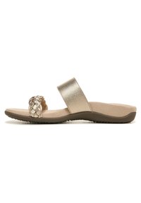 Gold metallic slide sandals with a braided toe strap, smooth synthetic upper, and a cushioned beige footbed for comfort. Textured sole.
