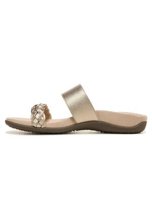Gold metallic slide sandals with a braided toe strap, smooth synthetic upper, and a cushioned beige footbed for comfort. Textured sole.