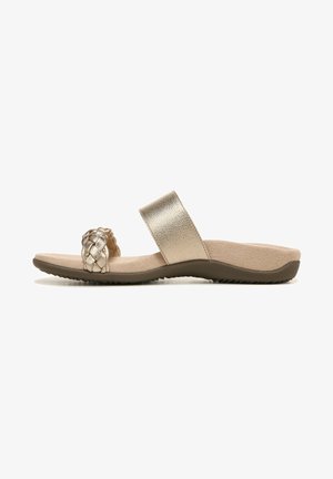 Gold metallic slide sandals with a braided toe strap, smooth synthetic upper, and a cushioned beige footbed for comfort. Textured sole.