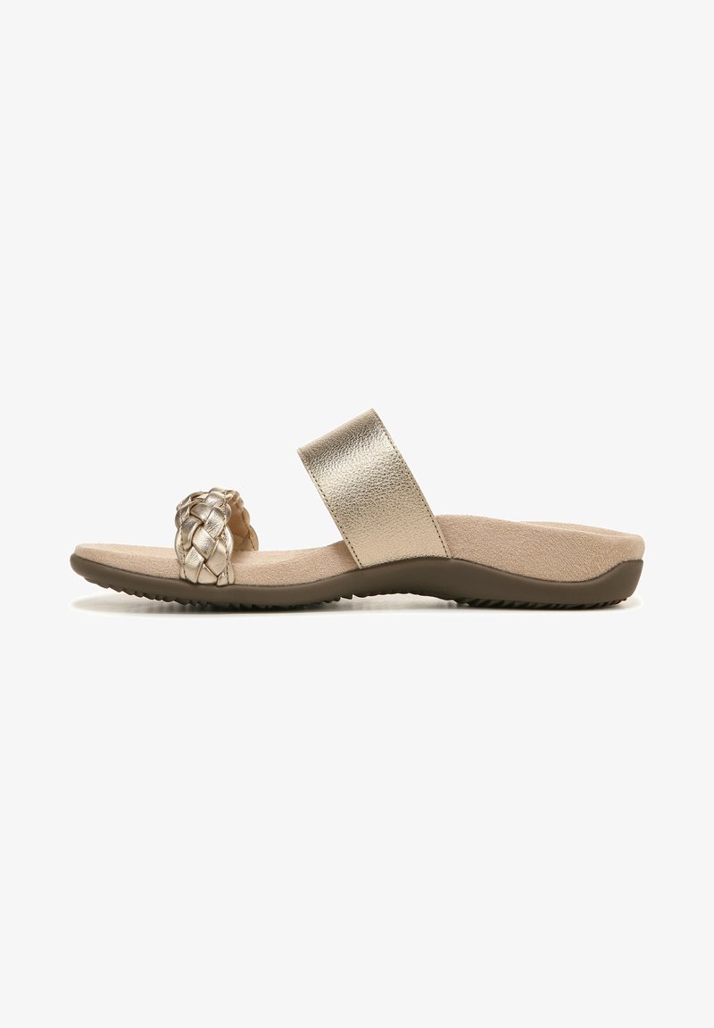 Gold metallic slide sandals with a braided toe strap, smooth synthetic upper, and a cushioned beige footbed for comfort. Textured sole.