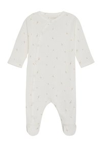 Vita ribbad babyoverall med långa ärmar, prydd med ett spritt blommönster i ljusbrunt. Inkluderar tryckknappar fram och vid fötterna.
