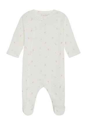 Weißes, geripptes Babykleidungsstück mit langen Ärmeln, das ein verstreutes florales Muster in Hellbraun aufweist. Mit Druckknöpfen an der Vorderseite und an den Füßen.