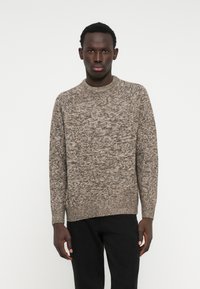 Knit sweater in a textured, speckled pattern of beige and brown hues. Features a crew neck and long sleeves, with a relaxed fit.