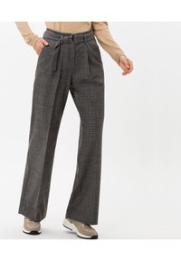 Pantalon à carreaux gris à taille haute, jambes larges, ceinturé à la taille, en tissu texturé avec des lignes brunes subtiles et une coupe décontractée.