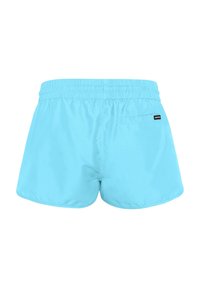 Light blue swim shorts with an elastic waistband, short cut, and a back pocket with a small brand label detail. Smooth texture.