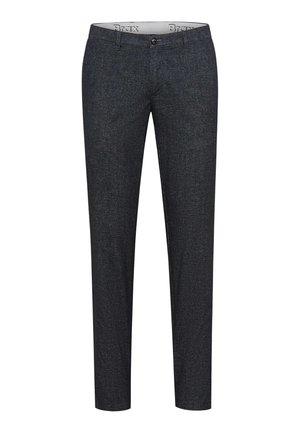 Dark gray trousers with a subtle grid pattern, featuring a button closure and a modern cut. Made of woven fabric with a smooth texture.