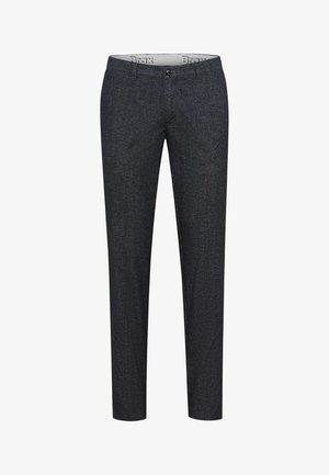 Dark gray trousers with a subtle grid pattern, featuring a button closure and a modern cut. Made of woven fabric with a smooth texture.