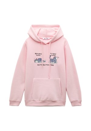 Roze hoodie met een voorzak, versierd met cartoon katten en tekst: "Maandag laden" en "Vrijdag laden". Gemaakt van zachte stof.