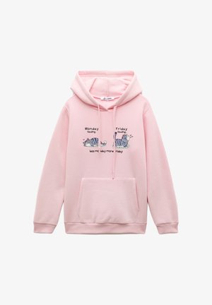 Roze hoodie met een voorzak, versierd met cartoon katten en tekst: "Maandag laden" en "Vrijdag laden". Gemaakt van zachte stof.