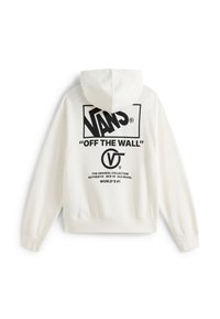 Biała hoodie z kapturem, z czarnym logo "VANS" i napisem "OFF THE WALL" na plecach. Projekt zawiera kieszeń kangurzą oraz ściągacze na mankietach.