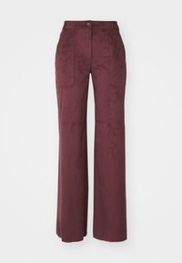 Maroon wide-leg trousers made from soft fabric, featuring two front pockets, a button closure, and seam detailing for structure.