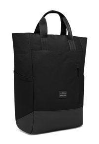 Fekete vászontáska tartós anyagból, dupla fogantyúval, külső cipzáros zsebbel és kontrasztos szürke aljjal. Az elején logó címke található.