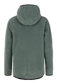 Fleece hoodie in gedempt groen met een gestructureerd oppervlak, een capuchon met trekkoord, en zwarte accenten rond de zoom en manchetten.