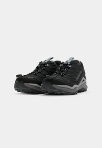 Black hiking shoes with a textured upper, gray accents, and rugged soles. Features a lacing system and reinforced toe cap for durability.