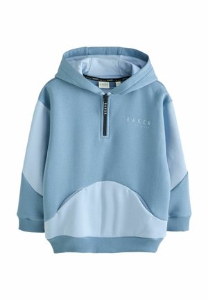 Felpa azzurro chiaro con cappuccio e collo con cerniera. Presenta una tasca frontale arrotondata e maniche di colore contrastante più scuro, realizzata in tessuto morbido.