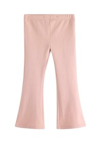 Lys pink børnebukser med elastisk talje og let udvidede ben, præsenteret fladt på hvid baggrund.