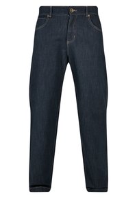 Dark blue denim trousers with a classic cut, featuring a button closure, five pockets, and light stitching details along the seams.
