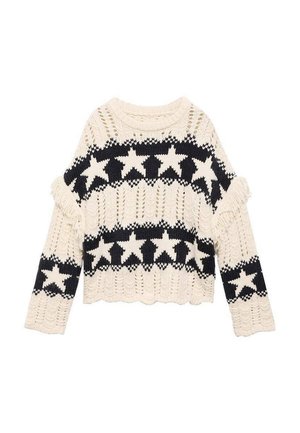Strickpullover in Creme und Schwarz mit einem Sternenmuster. Kurz, lockere Passform mit Fransenverzierung an den Ärmeln und einem gerippten Halsausschnitt.