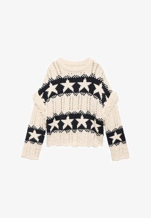 Strickpullover in Creme und Schwarz mit einem Sternenmuster. Kurz, lockere Passform mit Fransenverzierung an den Ärmeln und einem gerippten Halsausschnitt.