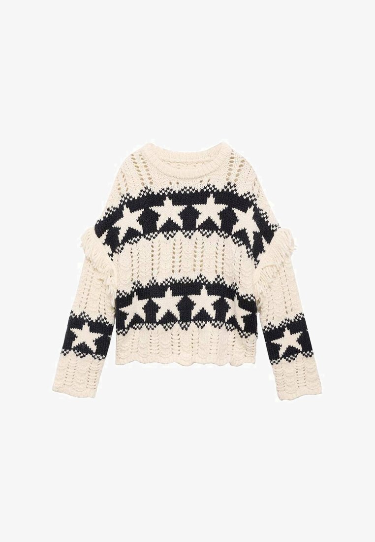 Strickpullover in Creme und Schwarz mit einem Sternenmuster. Kurz, lockere Passform mit Fransenverzierung an den Ärmeln und einem gerippten Halsausschnitt.