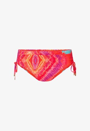 Jasnoróżowe bikini z wiązaniem po bokach, z wielokolorowym wzorem tie-dye w odcieniach pomarańczowym, purpurowym i żółtym.