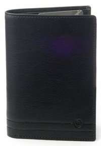 Portefeuille en cuir noir au toucher lisse, design pliable en deux, avec des coutures discrètes. Comprend une fente pour cartes visible en haut.