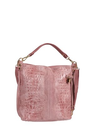 Rosa Lederhandtasche mit Krokodilstruktur, goldener Hardware, oberem Griff und abnehmbarem Schulterriemen auf weißem Hintergrund.