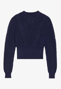 Pull court bleu marine avec une texture côtelée, doté d'un col rond et d'un détail à motif sur les manches, présentant un design de tricot complexe.