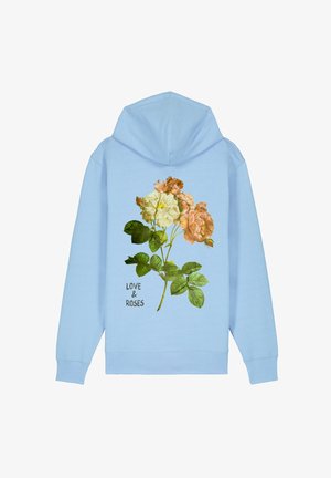 Ljusblå huvtröja med ett blommönster av rosa och gula rosor med gröna blad, och texten "KÄRLEK & ROSOR" i svart.