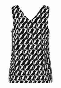 Ärmelloses Oberteil in Schwarz und Weiß mit einem geometrischen Blattmuster, glatter Textur und V-Ausschnitt.