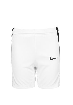 Shorts atletici bianchi con pannelli laterali neri, una cintura elastica e un piccolo logo Nike nero sul lato sinistro in basso.