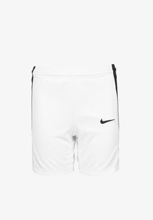 Weiße Sportshorts mit schwarzen Seitenpanelen, einem elastischen Bund und einem kleinen schwarzen Nike-Logo auf der unteren linken Seite.