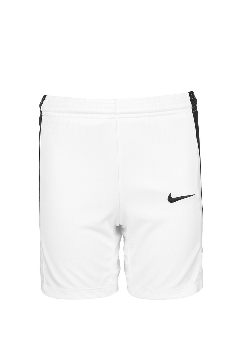 White athletic shorts with black side panels, an elastic waistband, and a small black Nike logo on the lower left side.