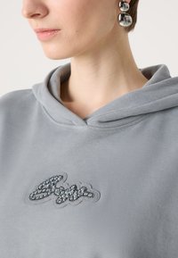 Grå hettegenser med myk tekstur, med et dekorativt logo laget av rhinstein og en klassisk hette med snøring.