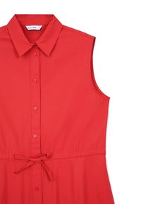 Rotes ärmelloses Kleid mit Kragen, vorderem Knopfverschluss und einer gebundenen Taille. Aus glattem Stoff in einfarbiger Ausführung.