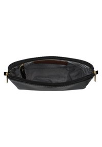 Black leather pouch with a zipper closure, featuring a striped interior lining. The shape is flat and rectangular with subtle hardware accents.