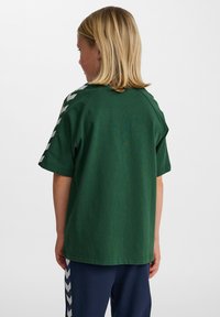 Camiseta de algodón verde con mangas cortas, que presenta rayas en forma de chevrón blancas a lo largo de los hombros y un corte relajado. Vista trasera lisa.