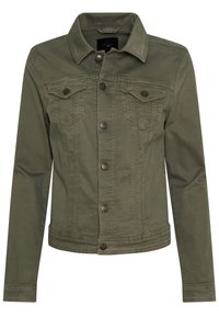 Oliivinvihreä farkkutakki, jossa on kaulus, edessä napitus, kaksi rintataskua ja pitkät hihat. Sisältää haalistunutta tekstuuria ja ompeluyksityiskohtia.