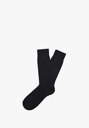 Zwei dunkelgraue Socken aus einem weichen, strukturierten Material, mit einem gerippten Bündchen-Design und der typischen Sockenform.