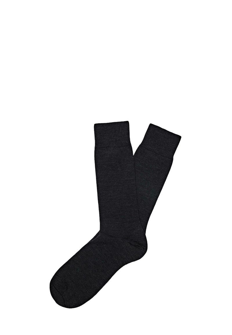 Zwei dunkelgraue Socken aus einem weichen, strukturierten Material, mit einem gerippten Bündchen-Design und der typischen Sockenform.