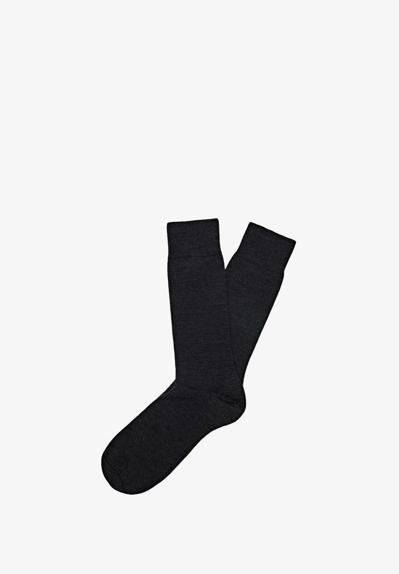 Zwei dunkelgraue Socken aus einem weichen, strukturierten Material, mit einem gerippten Bündchen-Design und der typischen Sockenform.