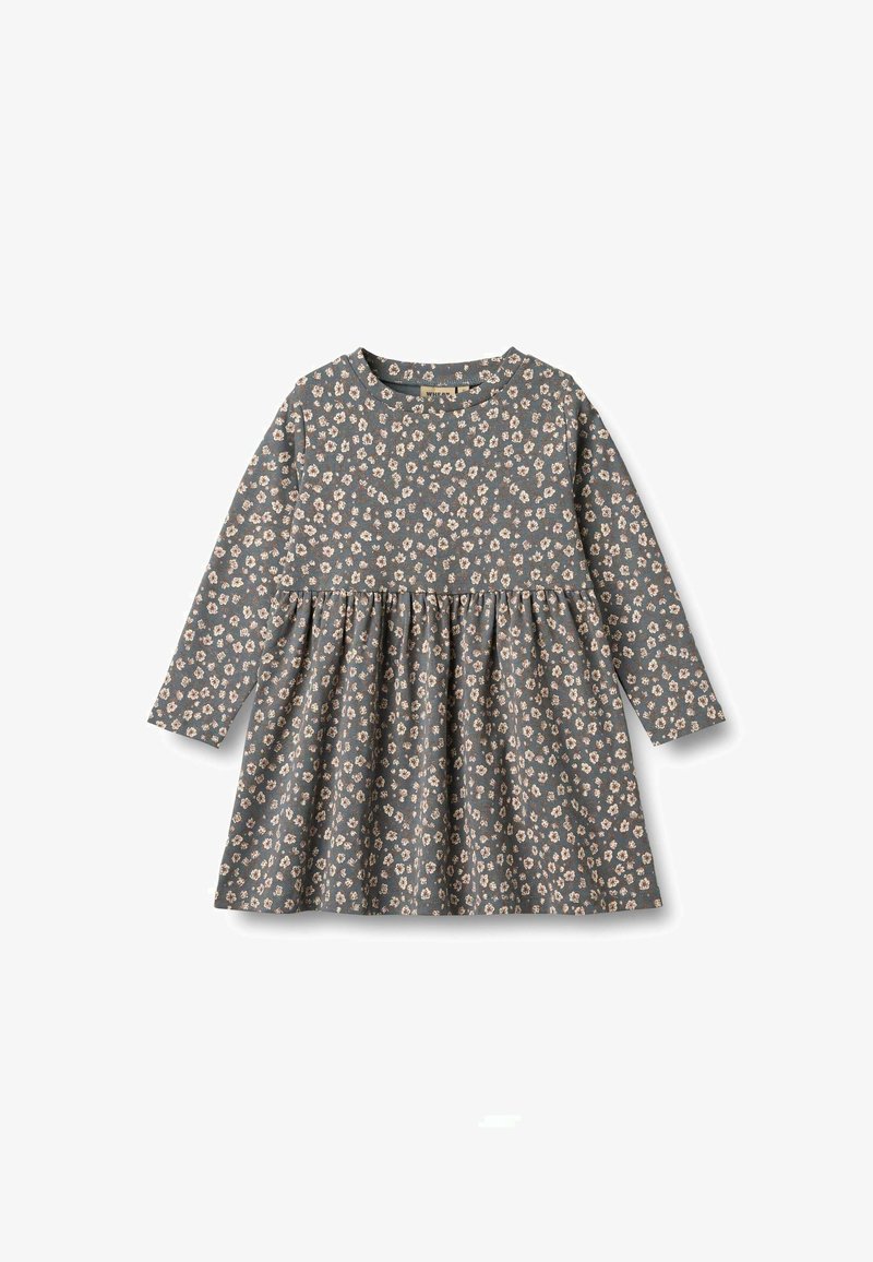 Langärmliges Kleid aus grauer Baumwolle mit einem ausgestellten Rock und kleinem rosa Blumenmuster. Runder Halsausschnitt und geraffter Taillennahtdetails.