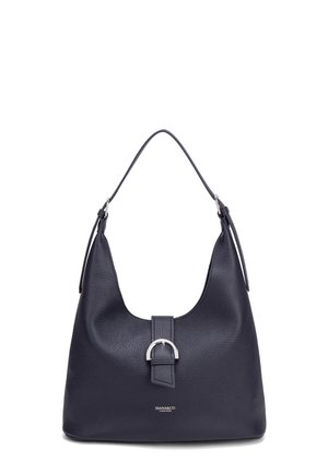 Borsa a tracolla in pelle blu scuro con dettaglio fibbia argento e singolo cinturino, con marchio Diana&Co Firenze sulla parte frontale.