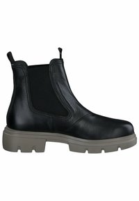 Botas Chelsea de cuero negro con paneles laterales elásticos, tirador y una gruesa suela de goma gris. Presentan un acabado texturizado y punta redondeada.