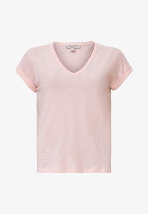 T-shirt rosa a maniche corte con scollo a V e risvolti, realizzato in un tessuto leggero e leggermente trasparente. Fit classico e texture morbida.