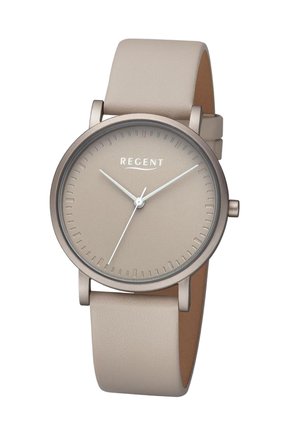 Montre analogique beige avec cadran simple, aiguilles blanche pour les heures, les minutes et les secondes, et bracelet en cuir beige, marque "REGENT" visible.