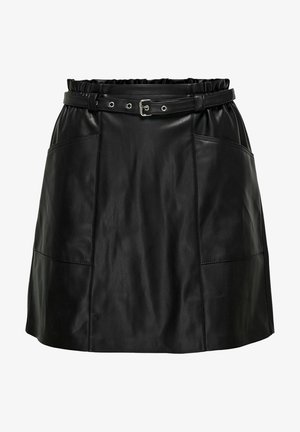 Black leather skirt with an elastic waistband, silver buckle accent, two side pockets, and a smooth texture. Features a flared silhouette.