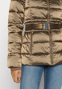 Chaqueta de plumas color caqui con textura acolchada, cintura ceñida, dos bolsillos con cremallera y cierre con cremallera, que presenta un acabado de tela brillante y suave.