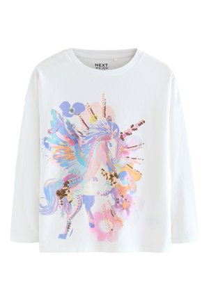 Weißes Langarmhemd mit buntem geflügeltem Einhorn-Motiv und goldenen Pailletten auf Mähne, Flügeln und Hufen.